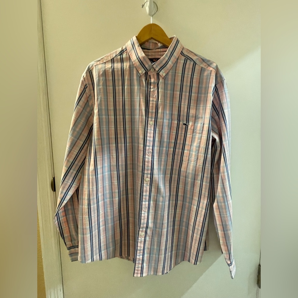 Vineyard Vines Pink, Blue & White Striped Cotton Button-Down Shirt / X-Large